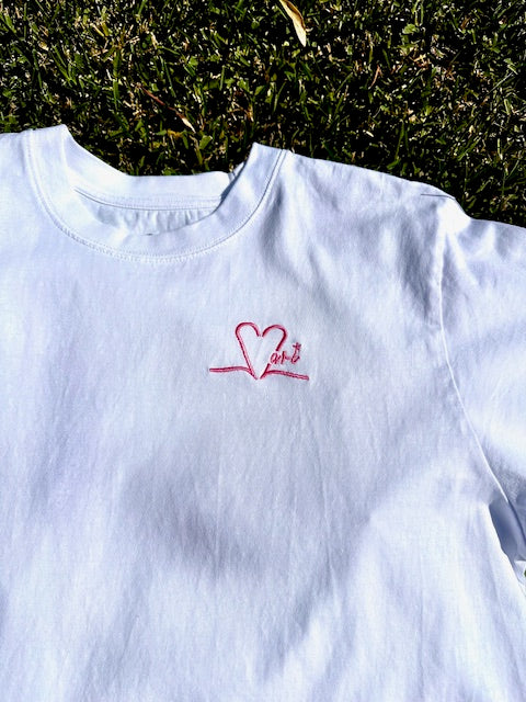 Tee shirt unisexe blanc brodé rose
