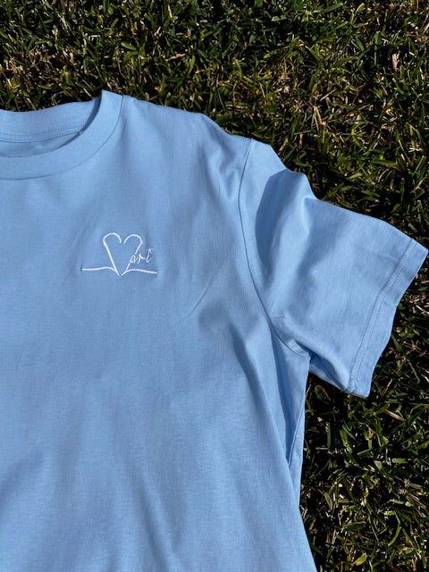 Tee shirt unisexe bleu ciel brodé blanc