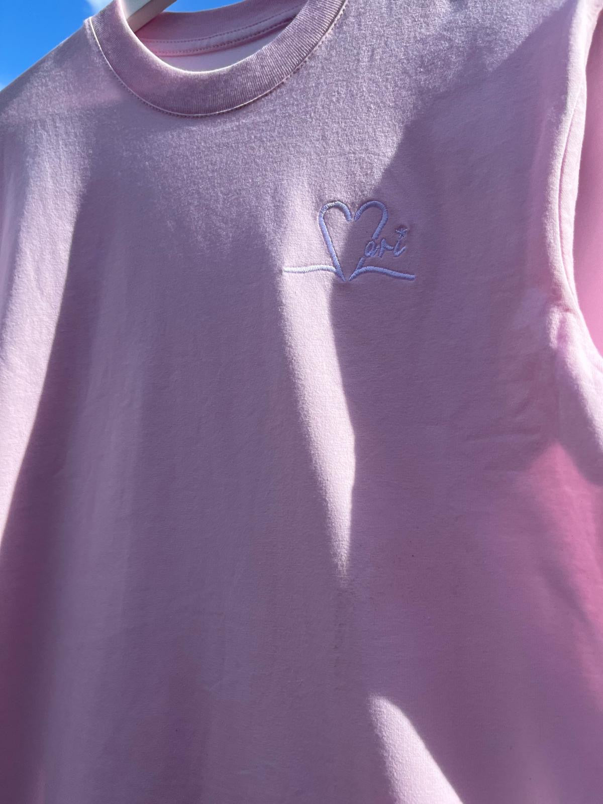 Tee shirt rose pale brodé rose pale