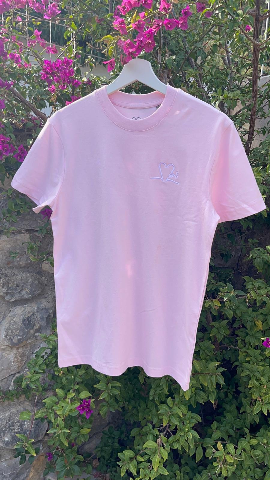 Tee shirt rose pale brodé rose pale