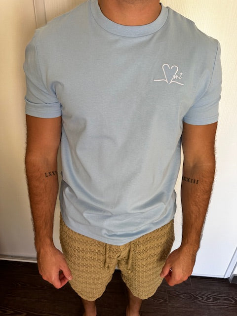Tee shirt unisexe bleu ciel brodé blanc