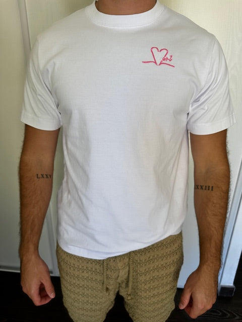 Tee shirt unisexe blanc brodé rose