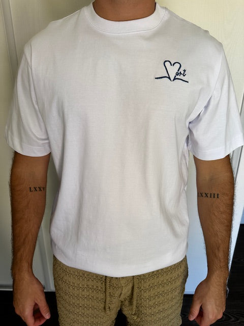 Tee shirt unisexe blanc brodé marine