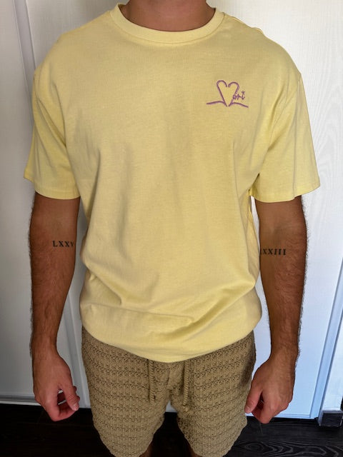 Tee shirt unisexe jaune brodé mauve
